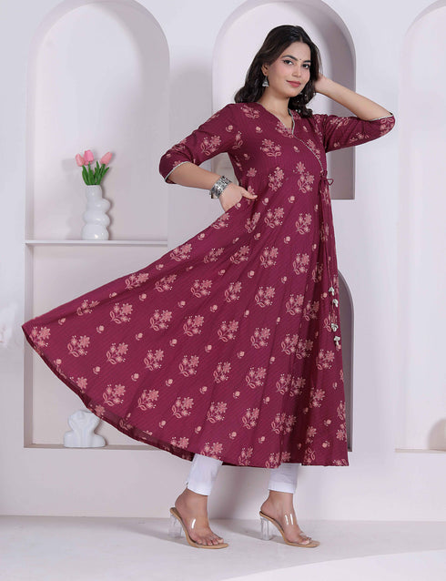 Miravan Womens Maroon floral Printed Angrakha style Kurta