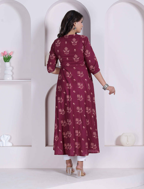 Miravan Womens Maroon Floral Printed Angrakha Pure Cotton Kurta and Dupatta