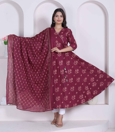 Miravan Womens Maroon Floral Printed Angrakha Pure Cotton Kurta and Dupatta