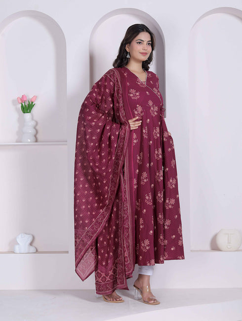 Miravan Womens Maroon Floral Printed Angrakha Pure Cotton Kurta and Dupatta