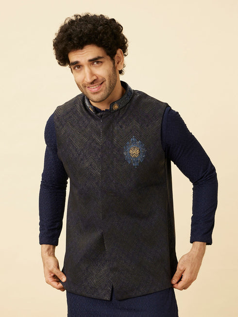 Manyavar Graphite Blue Black Panther Emblem Jacket