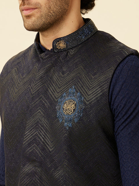 Manyavar Graphite Blue Black Panther Emblem Jacket