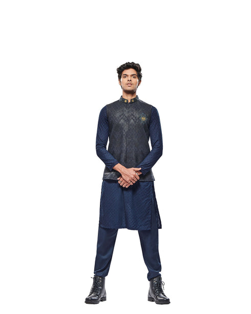 Manyavar Graphite Blue Black Panther Emblem Jacket