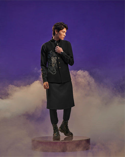 Manyavar Midnight Black Black Panther Kurta Jacket Set