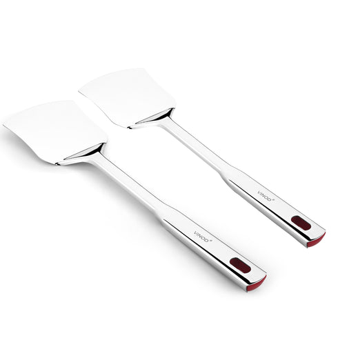 Vinod Stainless Queens Steel Roti Turner Heavy Gauge Flat Plain Cooking Spoon Steel Spatula I Set of 2 I no 1