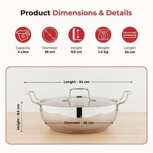 Vinod Doniv Stainless Steel Majestic Sandwich Bottom Kadai with Steel Lid 4 Liter 26 cms Induction Friendly