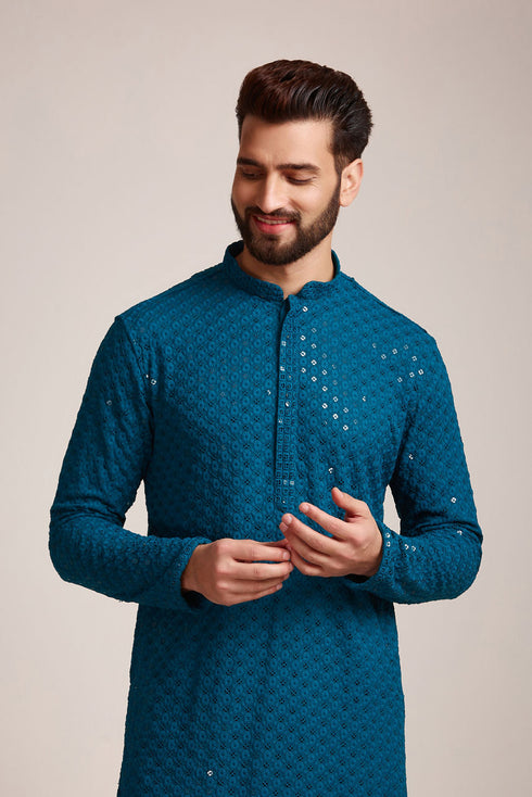 Manyavar Feroze Blue Chikankari Kurta Set