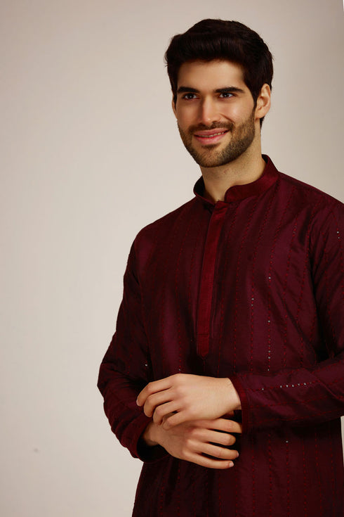 Manyavar Wine Red Kurta Set