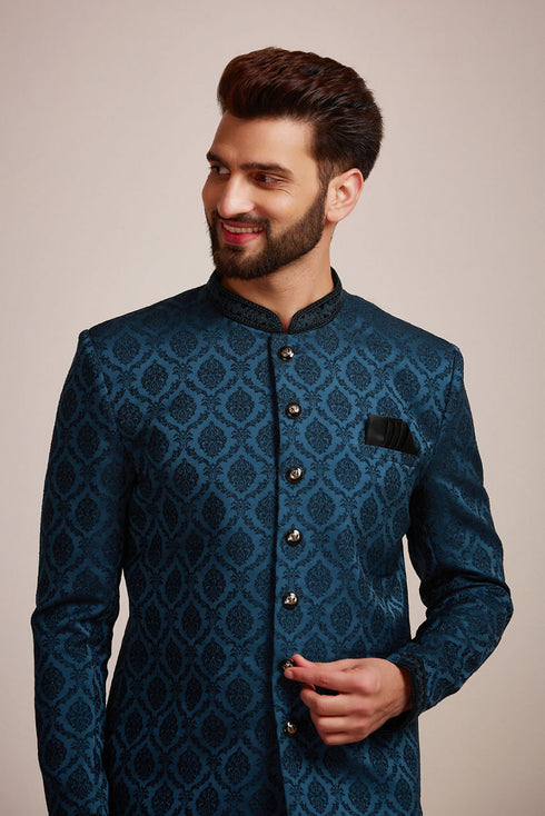 Manyavar Classic Blue Brocade Design Indo Western