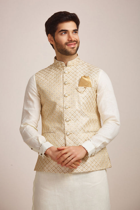 Manyavar Pearl Cream Patterned Jacket