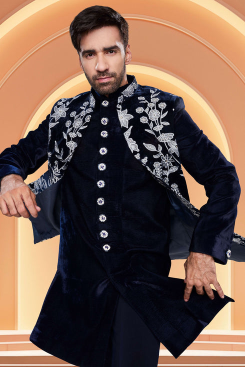 Manyavar Dark Blue Velvet Ensemble Indo Western