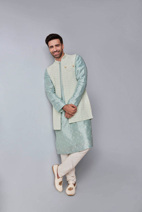 Manyavar Light Blue Elegance Kurta Jacket Set