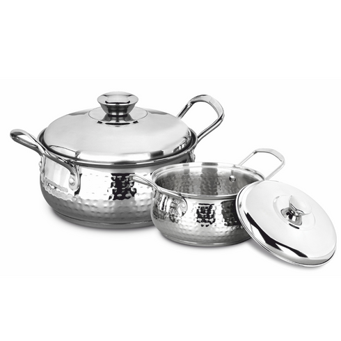 Vinod Stainless Steel Milano Hammered Serving Casserole with Steel Lids and Side Handles Set of 2 1230 ml 1630 ml High Grade Steel Rust Free