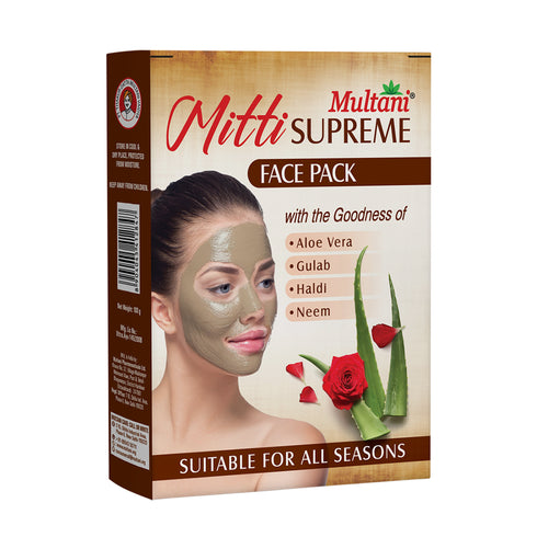 Multani Pharmaceuticals Limited Multani Mitti Supreme Face Pack Powder With Goodness Of Aloe Vera Gulab Haldi & Neem Bentonite Clay For Face Mask