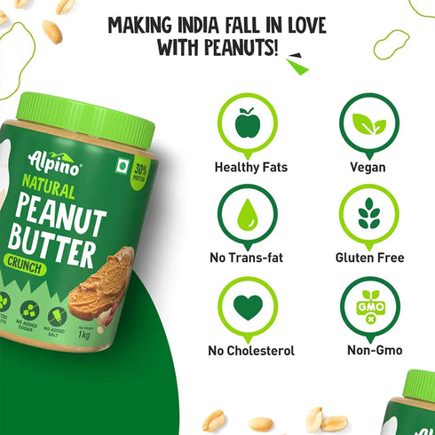 Alpino Best Seller Natural Peanut Butter Combo - Crunch 1kg & Smooth 1kg - Saver Value Pack