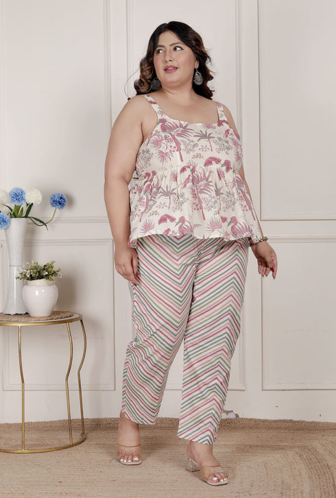 Miravan Womens Plus Size Pink Pure Cotton Leaf Printed Kurti with Palazzo