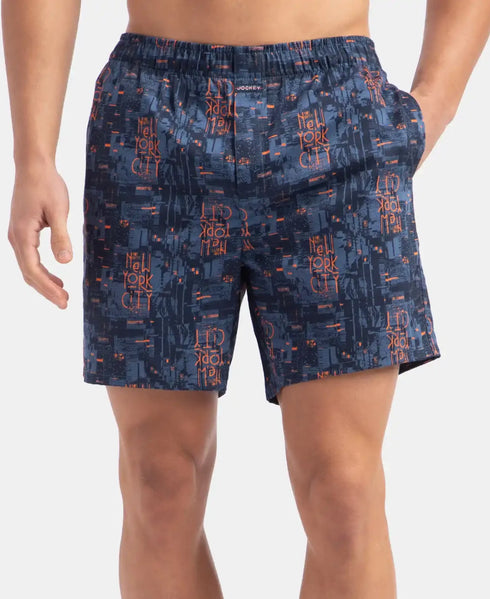 Jockey Super Combed Cotton Satin Weave Printed Boxer Shorts with Side Pocket | Navy