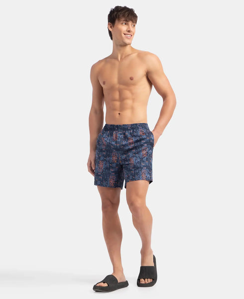 Jockey Super Combed Cotton Satin Weave Printed Boxer Shorts with Side Pocket | Navy