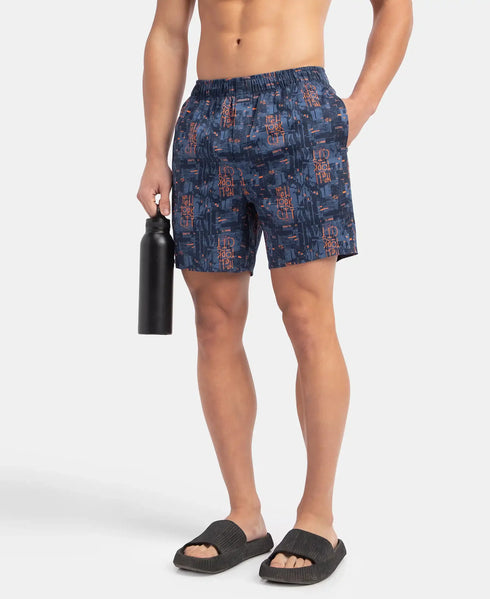 Jockey Super Combed Cotton Satin Weave Printed Boxer Shorts with Side Pocket | Navy