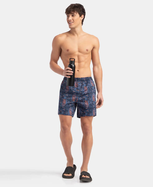 Jockey Super Combed Cotton Satin Weave Printed Boxer Shorts with Side Pocket | Navy