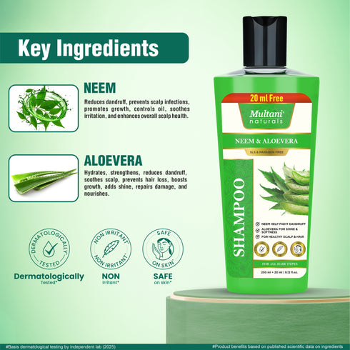 Multani Pharmaceuticals Limited Multani Naturals Neem & Aloe Vera Shampoo Anti Dandruff & Scalp Cooling Strengthens Hair Roots Supports Scalp Health SLS & Paraben Free Dermatologically Tested For All Hair Types