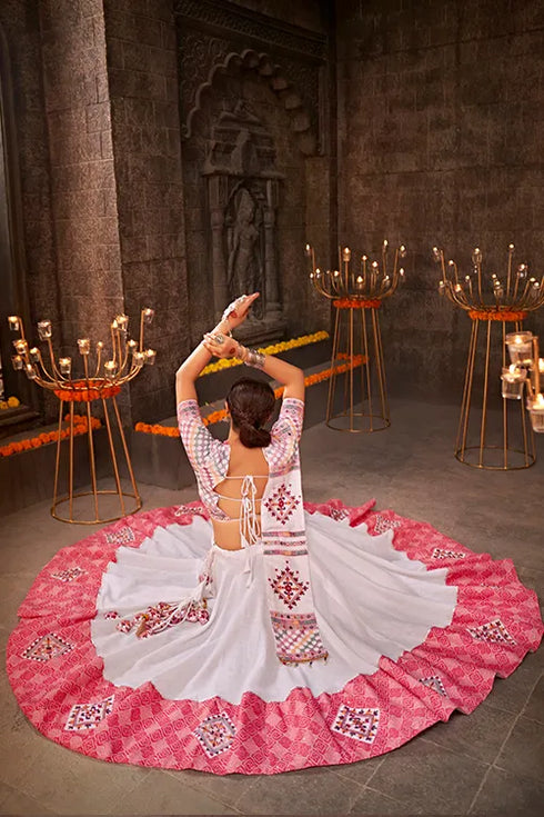 Shubhkala White Jacquard Cotton Embroiderd Traditional Chaniya Choli for Navratri