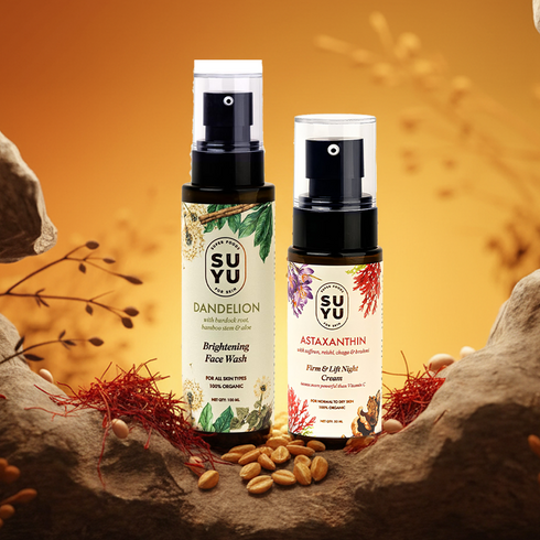 Suyu India Night Restore Duo Bundle Astaxanthin Firm & Lift Night Cream Dandelion Brightening Face Wash