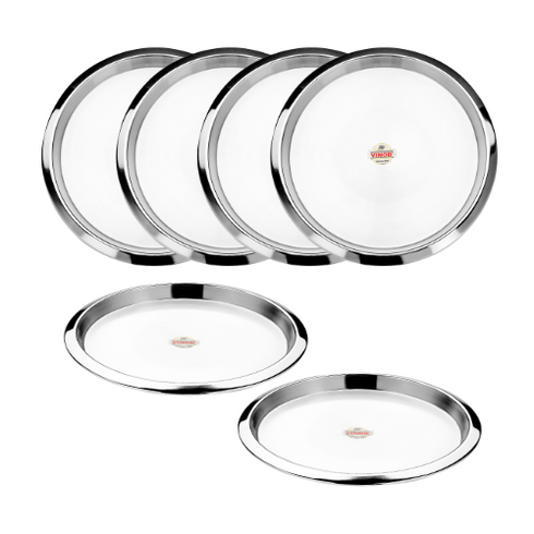 Vinod Stainless Steel Two Tone Plate Set of 6 29.5 cm Lunch Plate Dinner Plate High Grade Stainless Steel Mirror Finish Rust Free