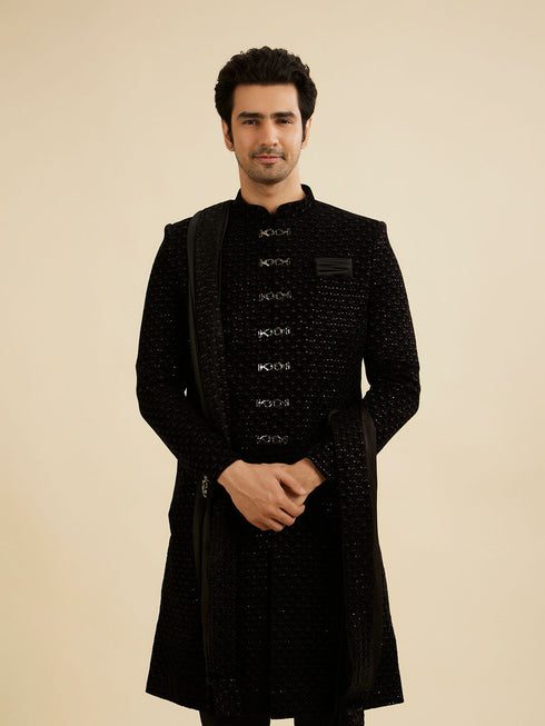 Manyavar Opulent Black Velvet Sherwani