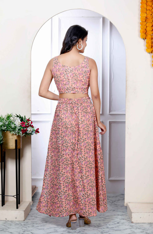Miravan Womens Orange Floral Printed Crop Top And Skirt Co Ord Set