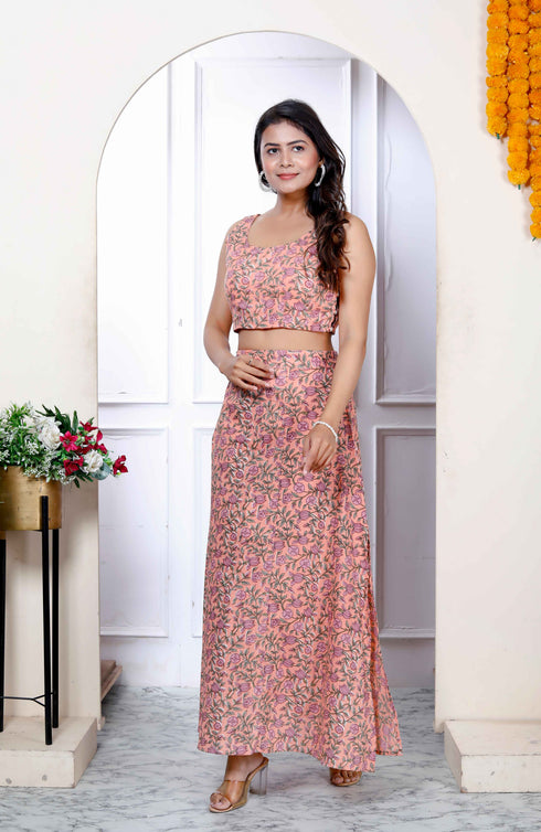 Miravan Womens Orange Floral Printed Crop Top And Skirt Co Ord Set