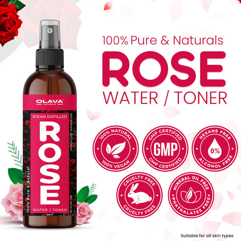 Olava Naturals Pure Rose Water - 100% Pure and Natural Steam Distilled Gulab Jal Face Toner