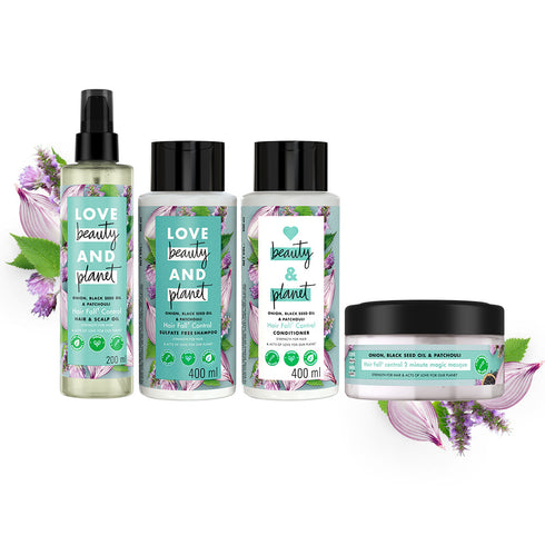 Love Beauty And Planet Onion, Black Seed and Patchouli Hairfall Control Shampoo, Conditioner, Hair Oil and Hair Mask