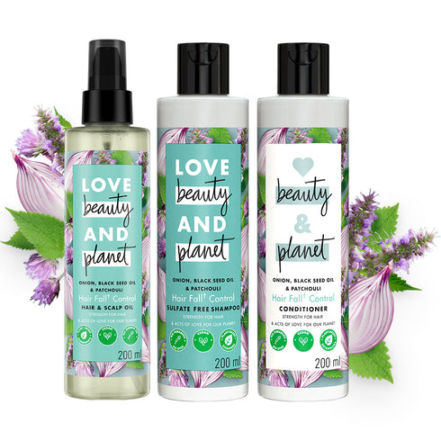 Love Beauty And Planet Onion Black Seed and Patchouli Shampoo + Conditioner + Hair Oil