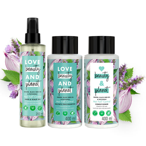 Love Beauty And Planet Onion, Black Seed and Patchouli Shampoo + Conditioner + Hair Oil combo