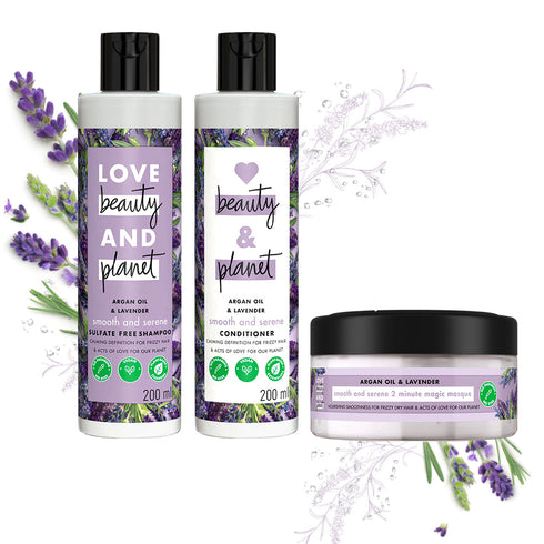 Love Beauty And Planet Natural Argan Oil and Lavender Anti-Frizz Smoothening - Shampoo| Conditioner And Mask