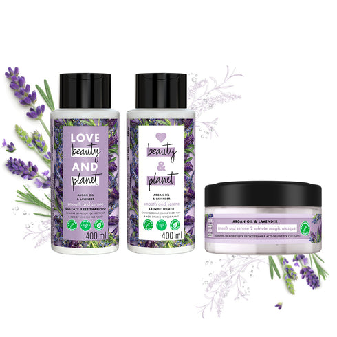 Love Beauty And Planet Natural Argan Oil Andand Lavender Anti-Frizz Smoothening - Shampoo Conditioner and Mask