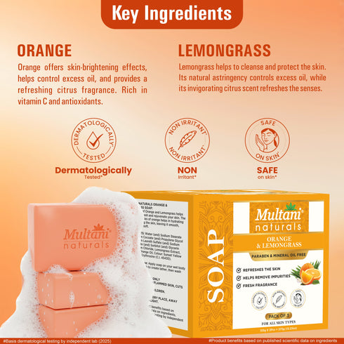 Multani Pharmaceuticals Limited Multani Naturals Orange & Lemongrass Soap I 100 Ayurvedic Bath Soap for Men & Women I Handmade Herbal Soap Bar with Lemongrass Extract Orange Oil & Glycerin I Rich in Vitamin C I Kind to Oily & Acne Prone Skin