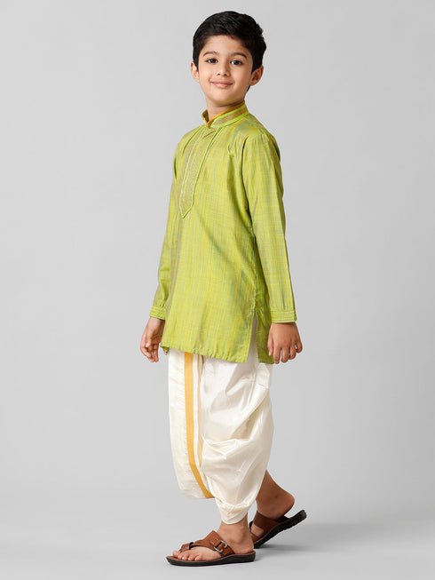 Ramraj Cotton Boys Parrot Green Kurta with Cream Art Silk Panchakacham Combo EMD5