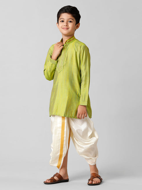 Ramraj Cotton Boys Parrot Green Kurta with Cream Art Silk Panchakacham Combo EMD5