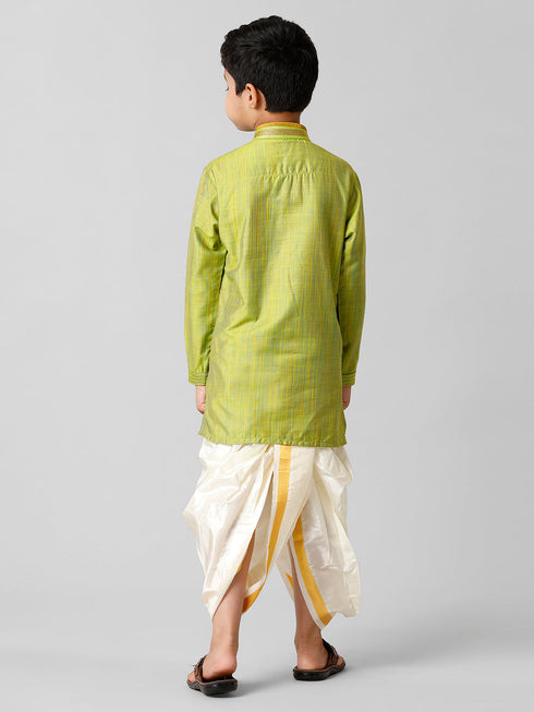 Ramraj Cotton Boys Parrot Green Kurta with Cream Art Silk Panchakacham Combo EMD5