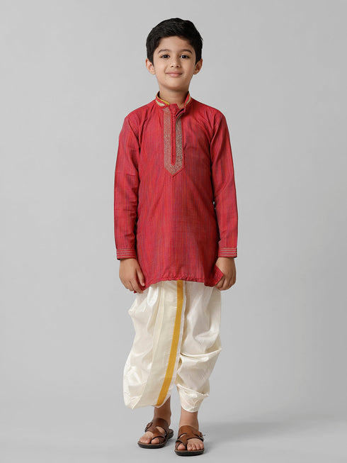 Ramraj Cotton Boys Red Kurta with Cream Art Silk Panchakacham Combo EMD4
