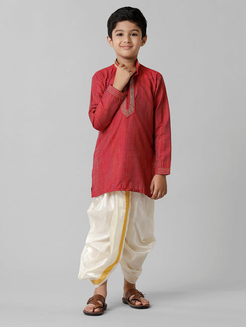 Ramraj Cotton Boys Red Kurta with Cream Art Silk Panchakacham Combo EMD4