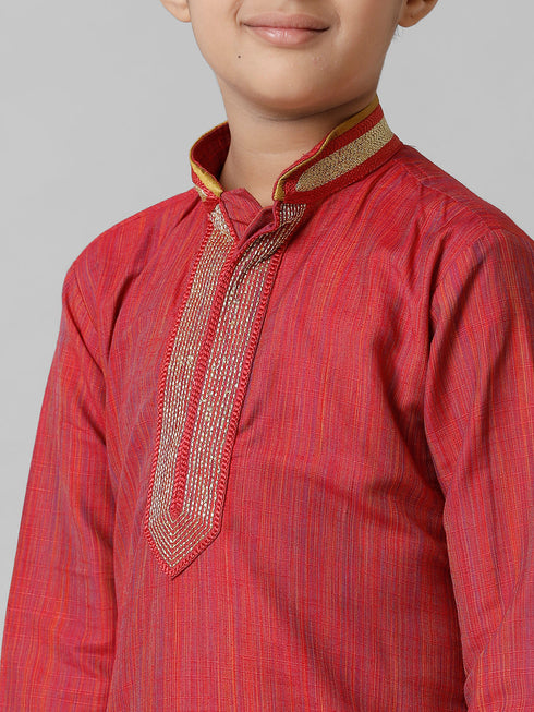 Ramraj Cotton Boys Red Kurta with Cream Art Silk Panchakacham Combo EMD4
