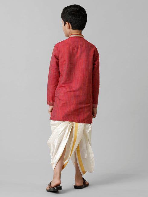 Ramraj Cotton Boys Red Kurta with Cream Art Silk Panchakacham Combo EMD4