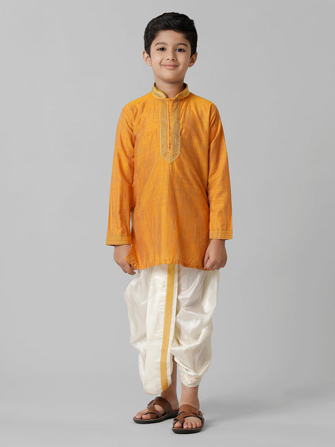 Ramraj Cotton Boys Orange Kurta with Cream Art Silk Panchakacham Combo EMD3