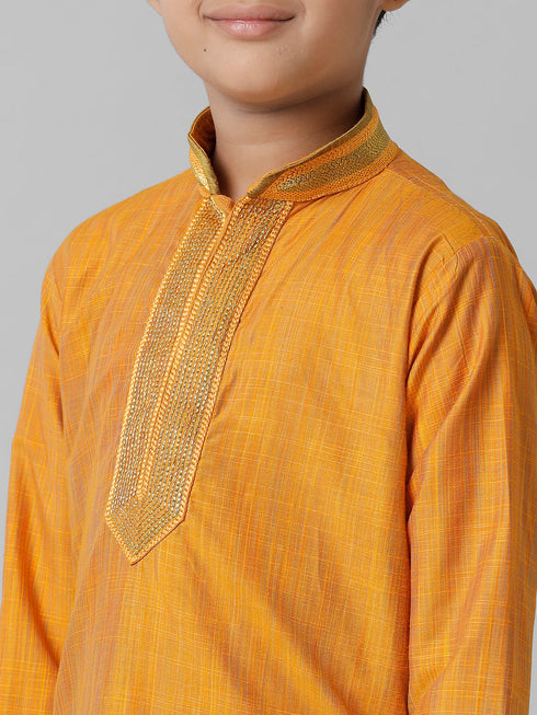 Ramraj Cotton Boys Orange Kurta with Cream Art Silk Panchakacham Combo EMD3