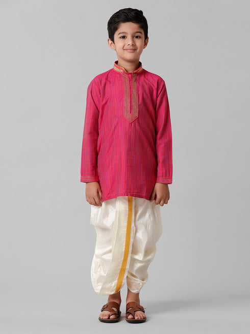 Ramraj Cotton Boys Dark Pink Kurta with Cream Art Silk Panchakacham Combo EMD1