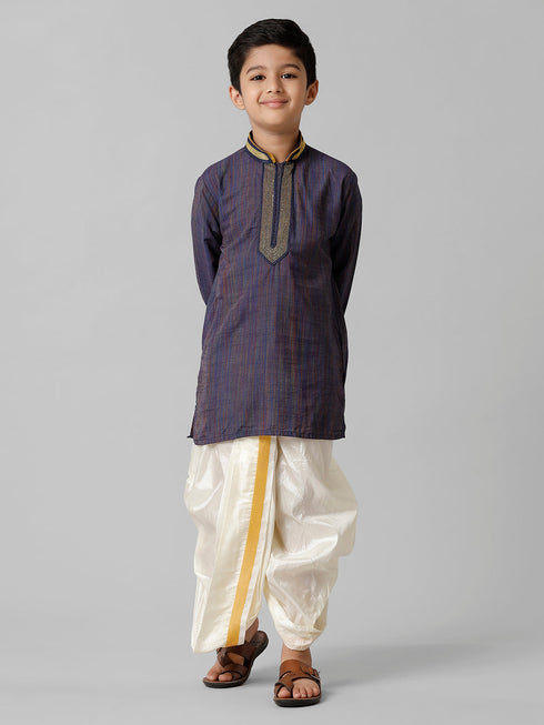 Ramraj Cotton Boys Navy Kurta with Cream Art Silk Panchakacham Combo EMD6
