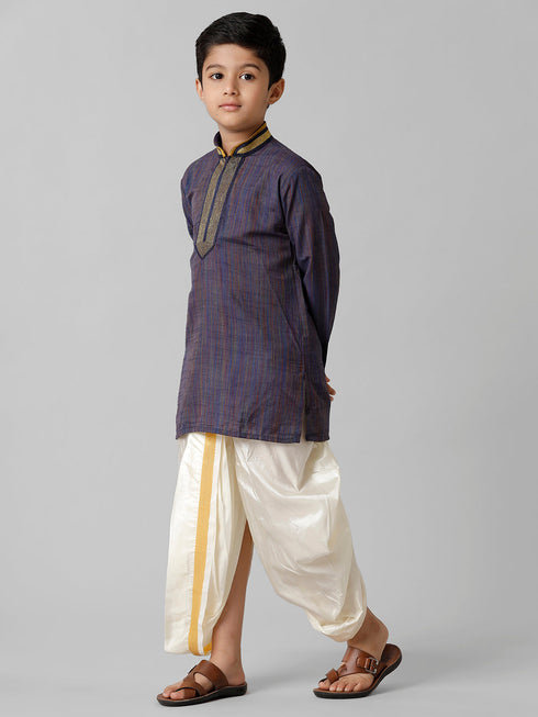 Ramraj Cotton Boys Navy Kurta with Cream Art Silk Panchakacham Combo EMD6